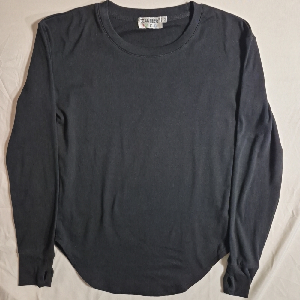 Womens Medium Slim Black Long Sleeve Thumbhole Shirt Stretch Cotton Dance Top